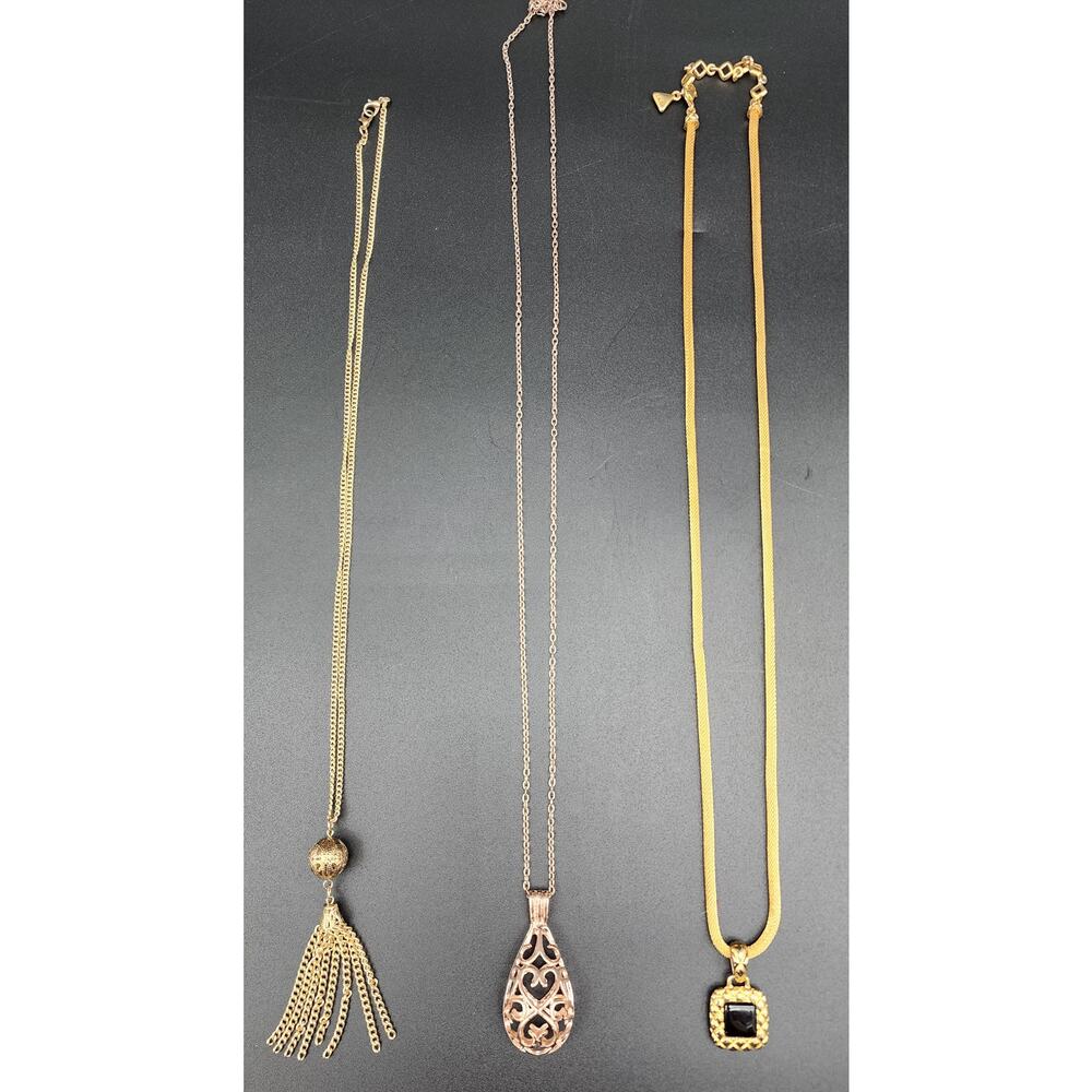 Set of 3 Vintage Gold & Rose Gold Necklaces Tassel Filigree Pendant Lot - 1980s